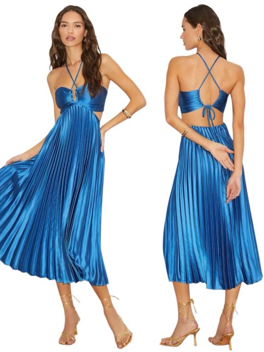 Lulu's Blue Satin Pleated Midi Dress